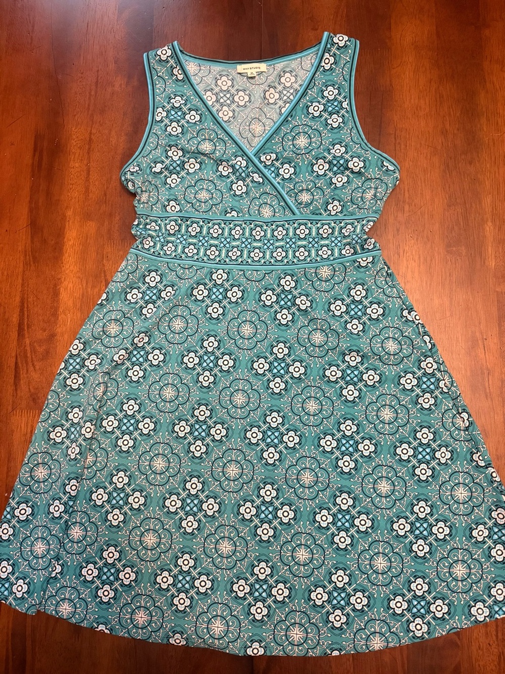 Max Studio Teal Floral-Geo Sleeveless Wrap Midi Dress
